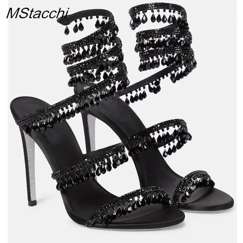 Crystal Wrap Sandals Women Summer 2026 Wedding Shoes High Heel Party Shoes Ankle Strappy Sandals Designer Stiletto Heel Shoes
