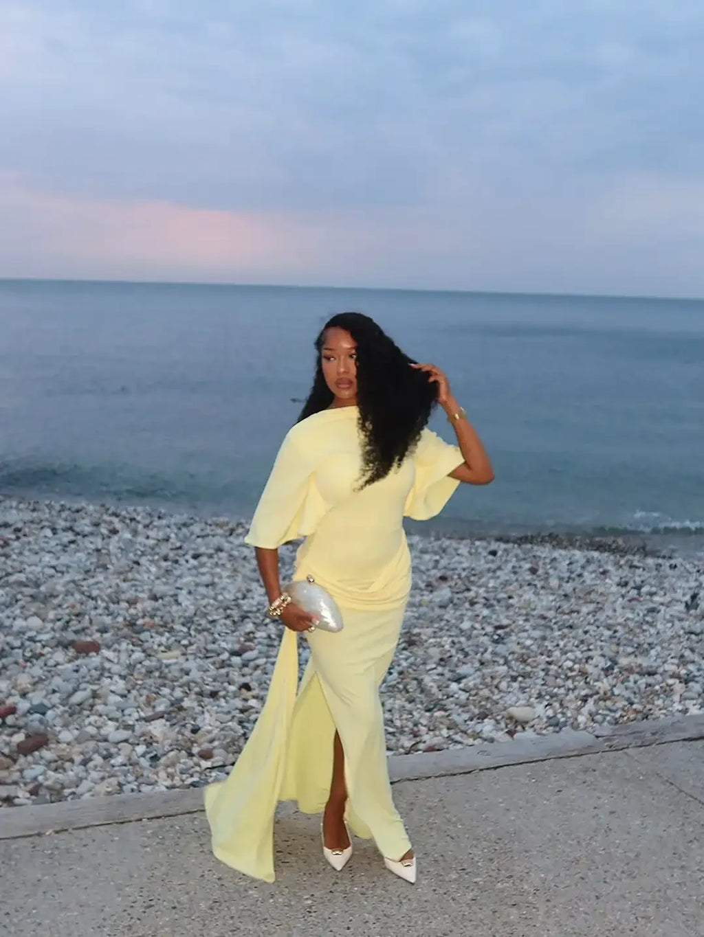Women Fashion Yellow Backless Slit Dress Half Sleeved Waist Cinched Pleated Lace Up Dresses Lady Evening Party Robe 2026 Spring