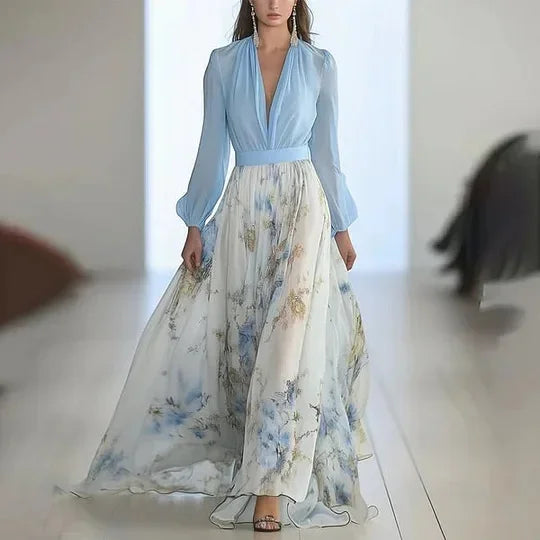 Elegant Long Sleeve Maxi Dress Women 2025 Summer Fashion Slim Floral Print V-neck White Long Dresses Casual Ethnic Style Resort