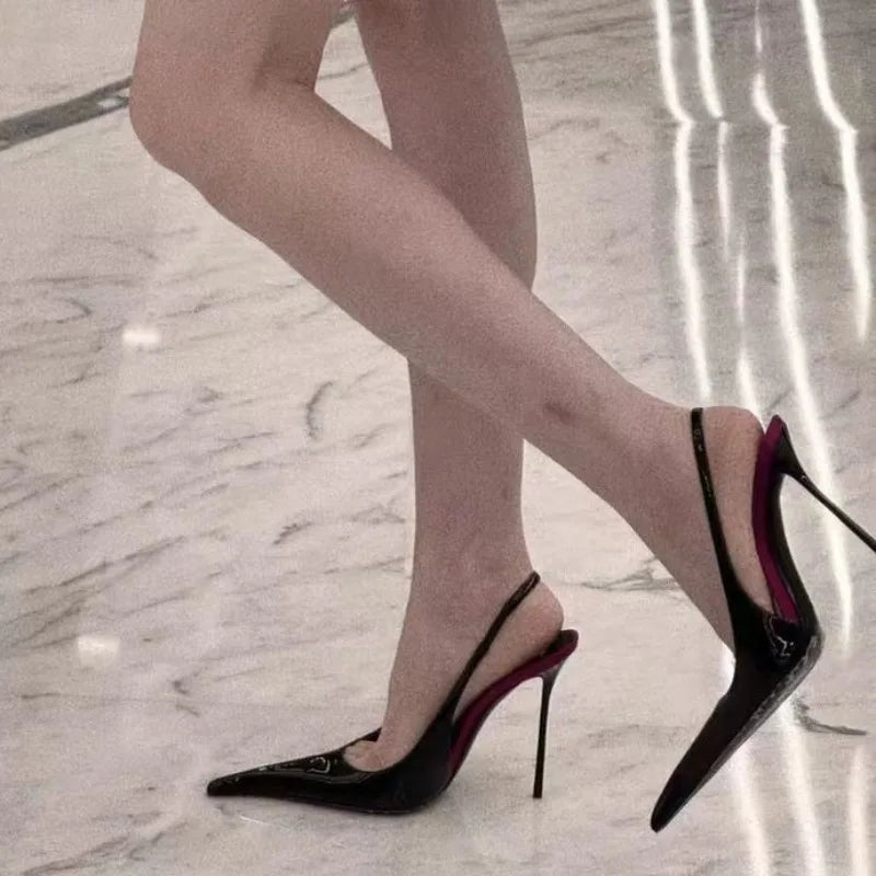 Fashion Non-Slip Wear-Resistant High Heels Women's Pointed Toe Patent Leather Slip-On Sandals