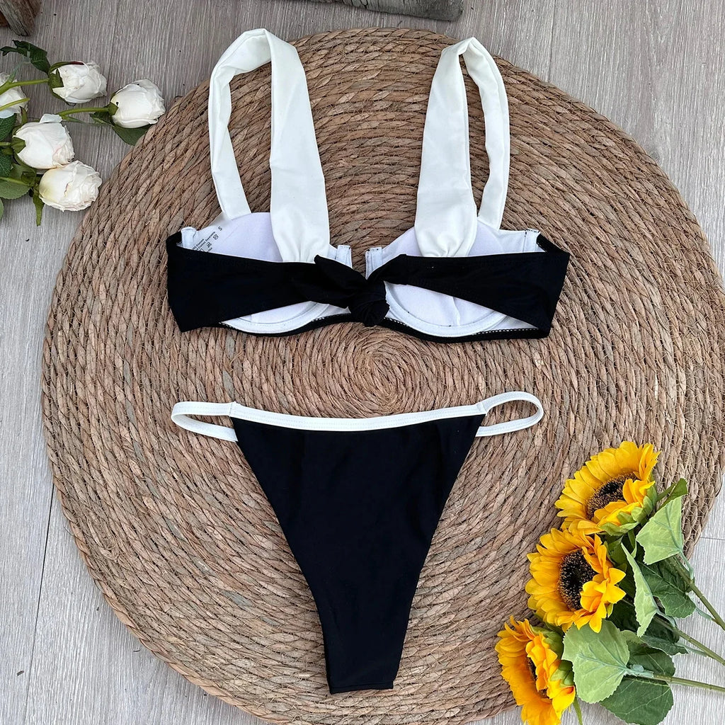 2025 Solid Thong Brazilian Bikinis Swimwear Women Swimsuit  Black White Bikini Set Bathing Suit Female Summer Beach Wear Biquini