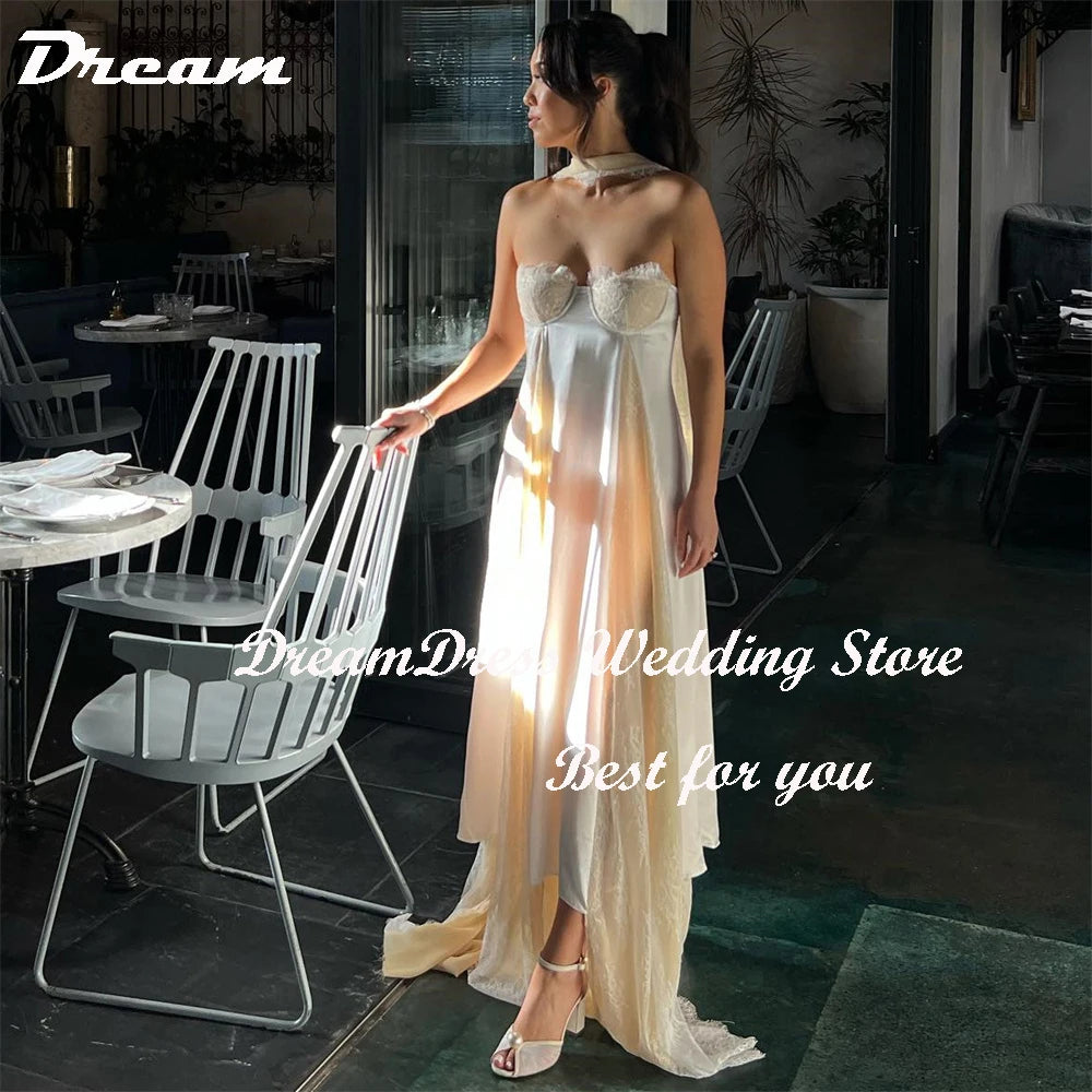 DREAM Customized A Line Strapless Scarf Sweetheart Wedding Dress For Women Sleeveless Lace Satin Modern Patchwork Bridal Gowns
