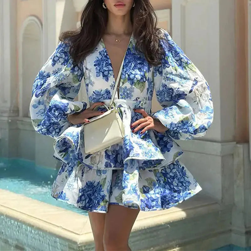 Elegant And Sexy Deep V Neck Bubble Long-sleeved Women's Dresses Fashion Printed Ruffled Patchwork Short Female Party Mini Dress