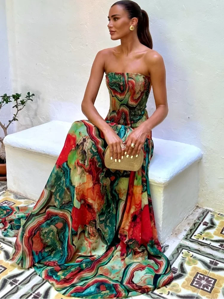 Pleated Waist Strapless Dress Women's New Printed Colorful Long Gown Elegant Fashionable Summer Vacation Party Robe 2025