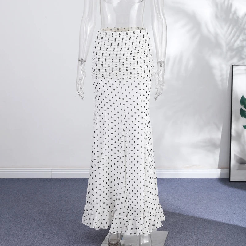 Women Dress Polka Dot Chiffon Maxi Skirt High Waist Ruffle Hem Flared Skirt Elegant Casual Beach Vacation Streetwear For Ladies
