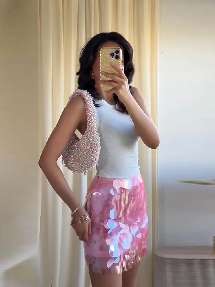 Mini Sequin Skirt Women's Skirts Iridescent Oversized Disc Sequins High-Waisted Fit Beach Vacation Outfit Woman Clothes