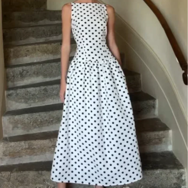 Elegant Solid Polka Dot Pleated Slim Vestido Women Chic Sleeveless Off Shoulder Round Neck Maxi Dresses Summer Dinner Party Wear
