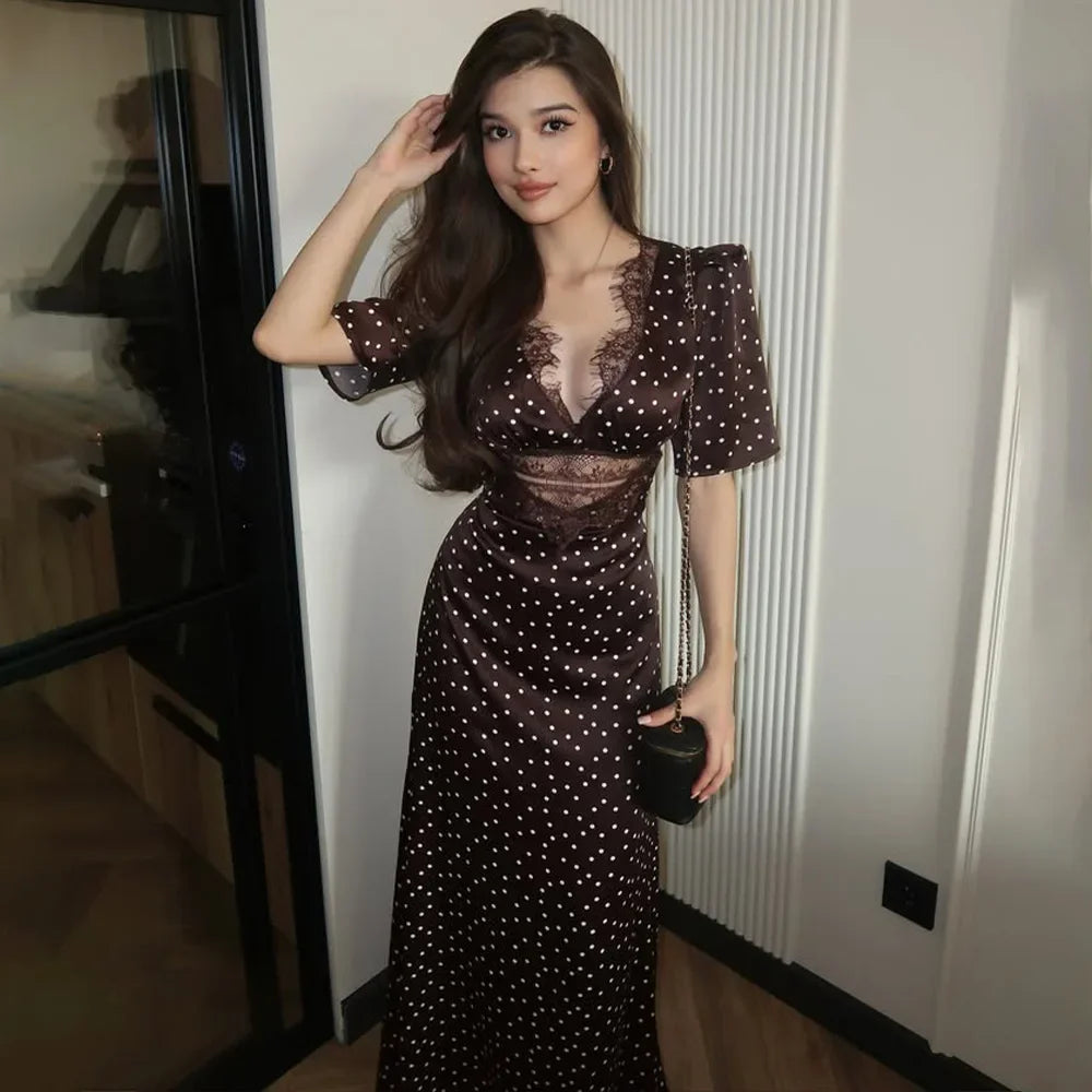 Elegant Women Brown Polka Dot Print Maxi Dress Fashion Short Sleeve Dresses Evening Ladies Street Party Vestidos 2026 Summer