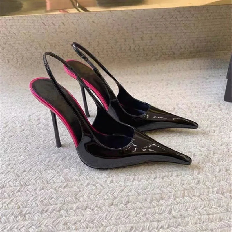 Fashion Non-Slip Wear-Resistant High Heels Women's Pointed Toe Patent Leather Slip-On Sandals