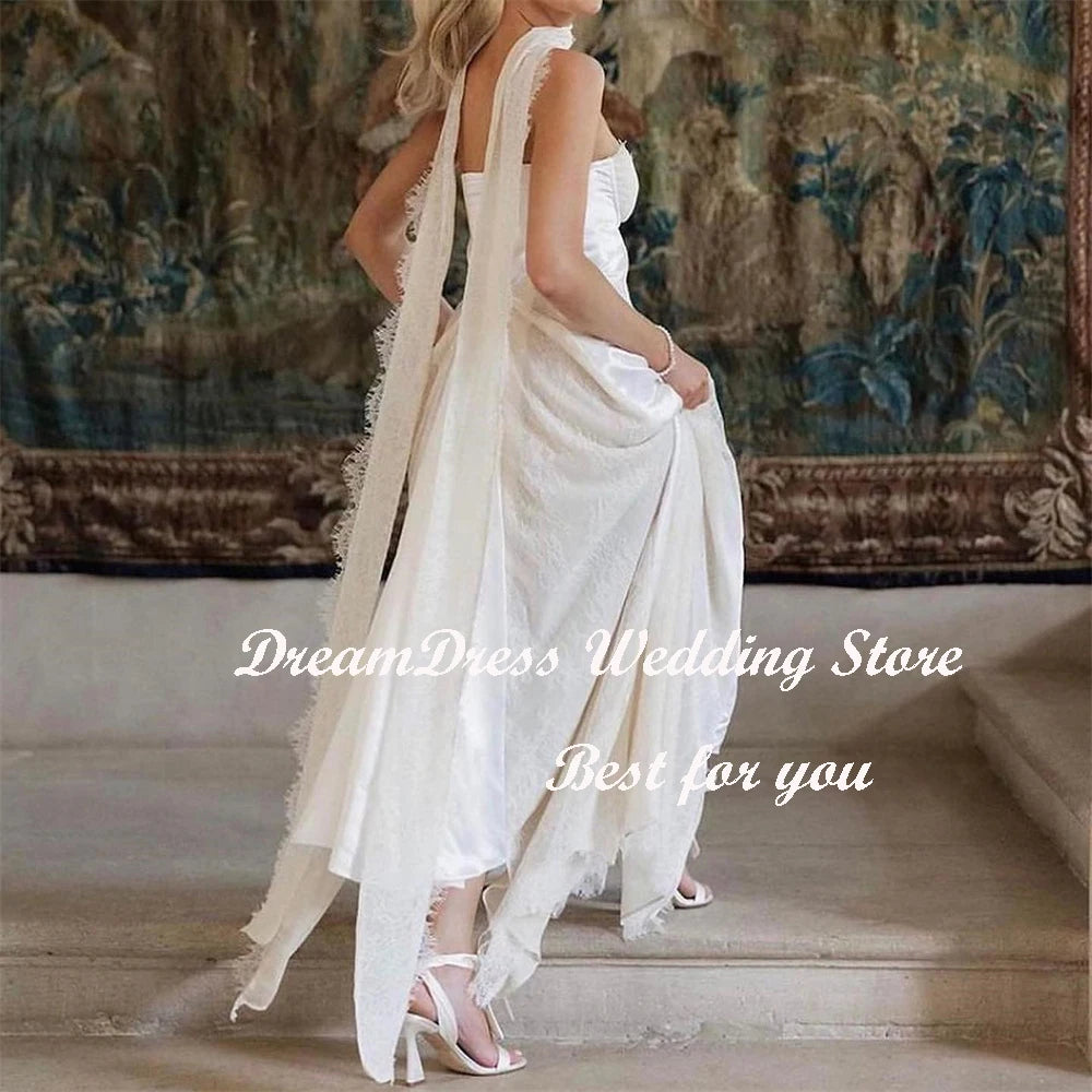 DREAM Customized A Line Strapless Scarf Sweetheart Wedding Dress For Women Sleeveless Lace Satin Modern Patchwork Bridal Gowns