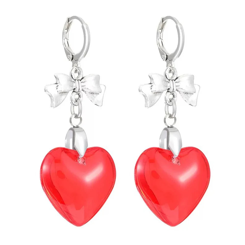ZAKOL Y2k Sweet Harajuku Red Glass Love Heart Dangle Earrings for Women Hot Girls Korean Fashion Punk Bowknot Ear Accessories