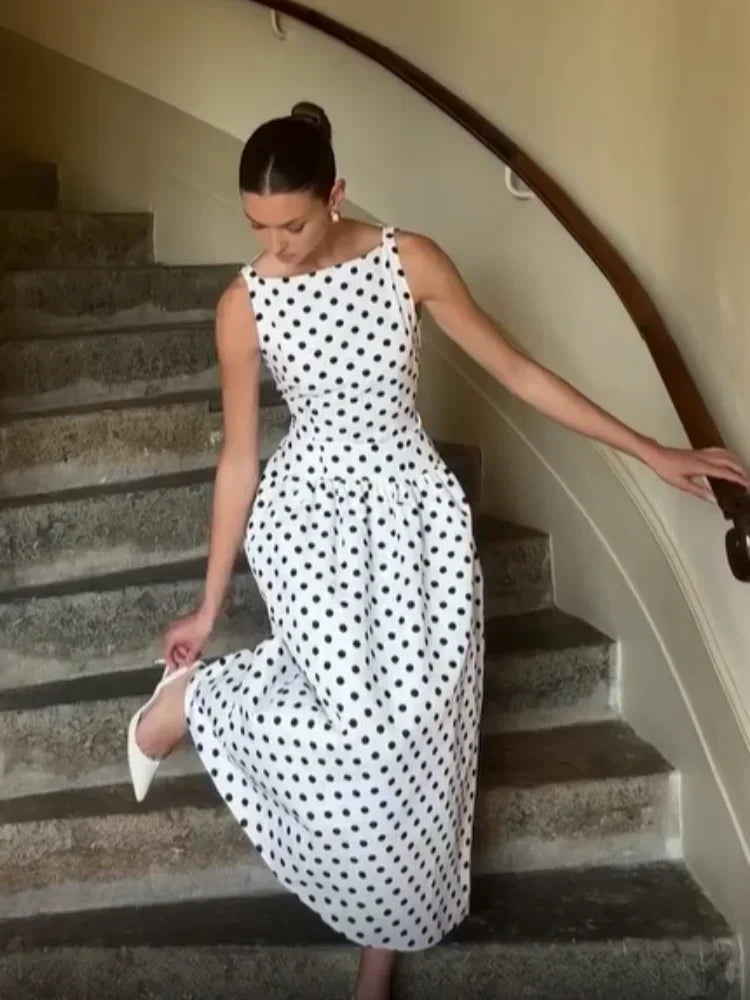 Elegant Solid Polka Dot Pleated Slim Vestido Women Chic Sleeveless Off Shoulder Round Neck Maxi Dresses Summer Dinner Party Wear