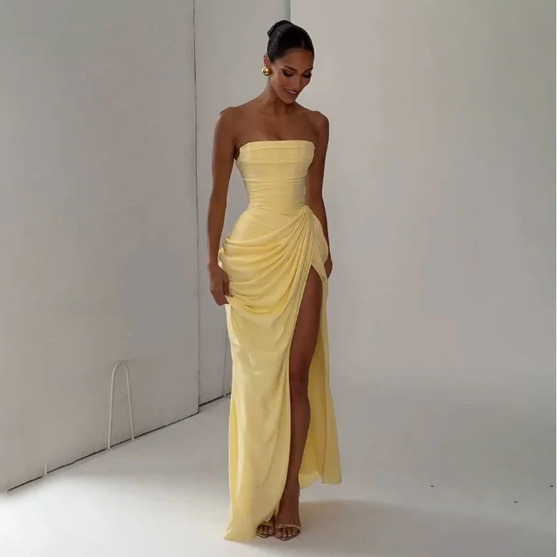Women Yellow Low Cut Backless High Waisted Dress Lace Up Sleeveless Waist Cincher Spaghetti Strap Vestidos Party Club Women Robe