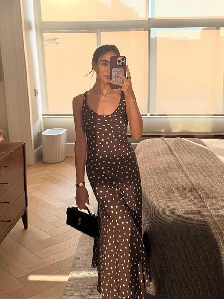 Elegant Solid Polka Dot Pleated Slim Vestido Women Chic Sleeveless Off Shoulder Round Neck Maxi Dresses Summer Dinner Party Wear