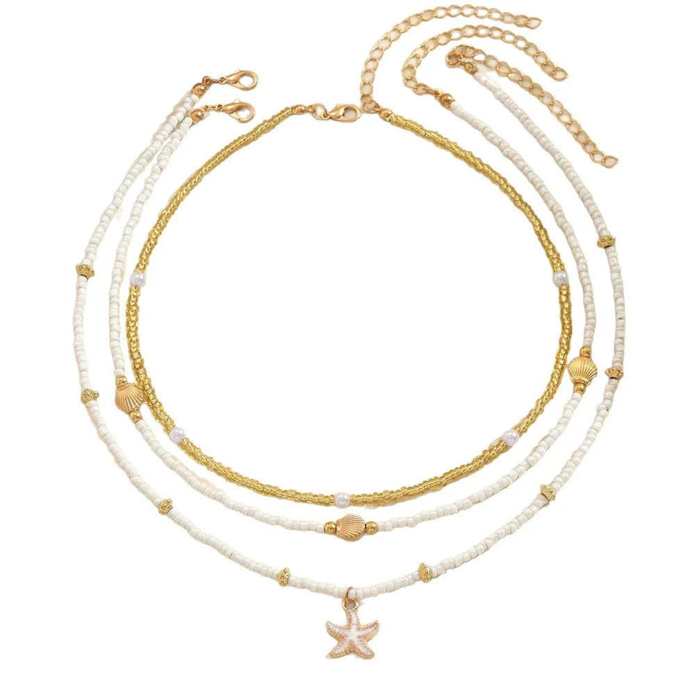 Summer Bead Stacked Choker Delicate Starfish Shell Pendant Necklace Women's Bohemian Beach Party Vacation Jewelry