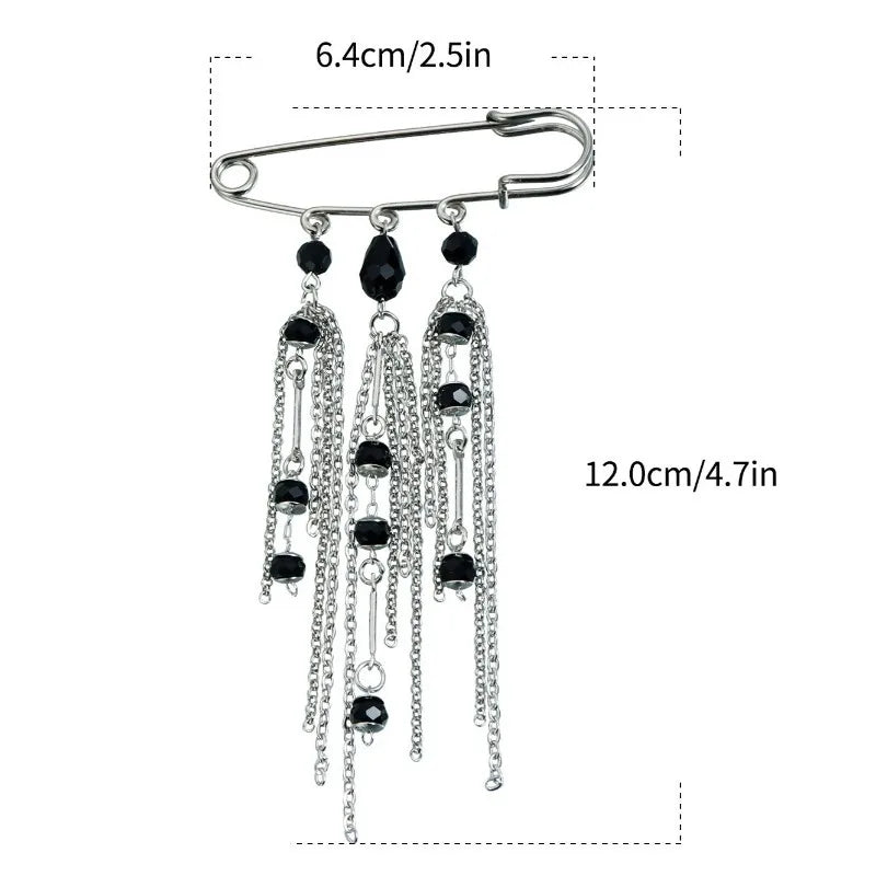 Black Crystal Tassel Brooch Metal Chain Pendant Tassel Brooch for Women Personality Charm Clothes Bag Pins Jewelry Accessories