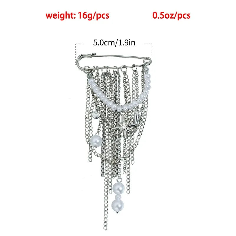 Black Crystal Tassel Brooch Metal Chain Pendant Tassel Brooch for Women Personality Charm Clothes Bag Pins Jewelry Accessories