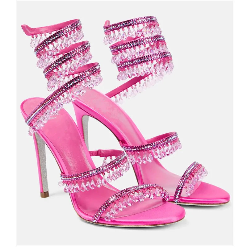 Crystal Wrap Sandals Women Summer 2026 Wedding Shoes High Heel Party Shoes Ankle Strappy Sandals Designer Stiletto Heel Shoes