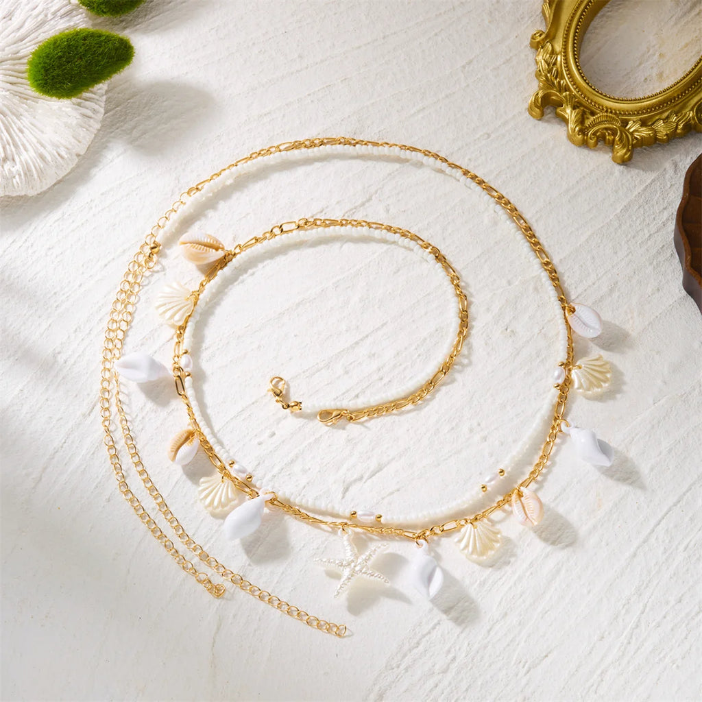 Summer Beach Shell Waist Chain For Women Bohemia Double Layer Starfish Conch Beaded Belly Chain Vacation Bikini Body Jewelry