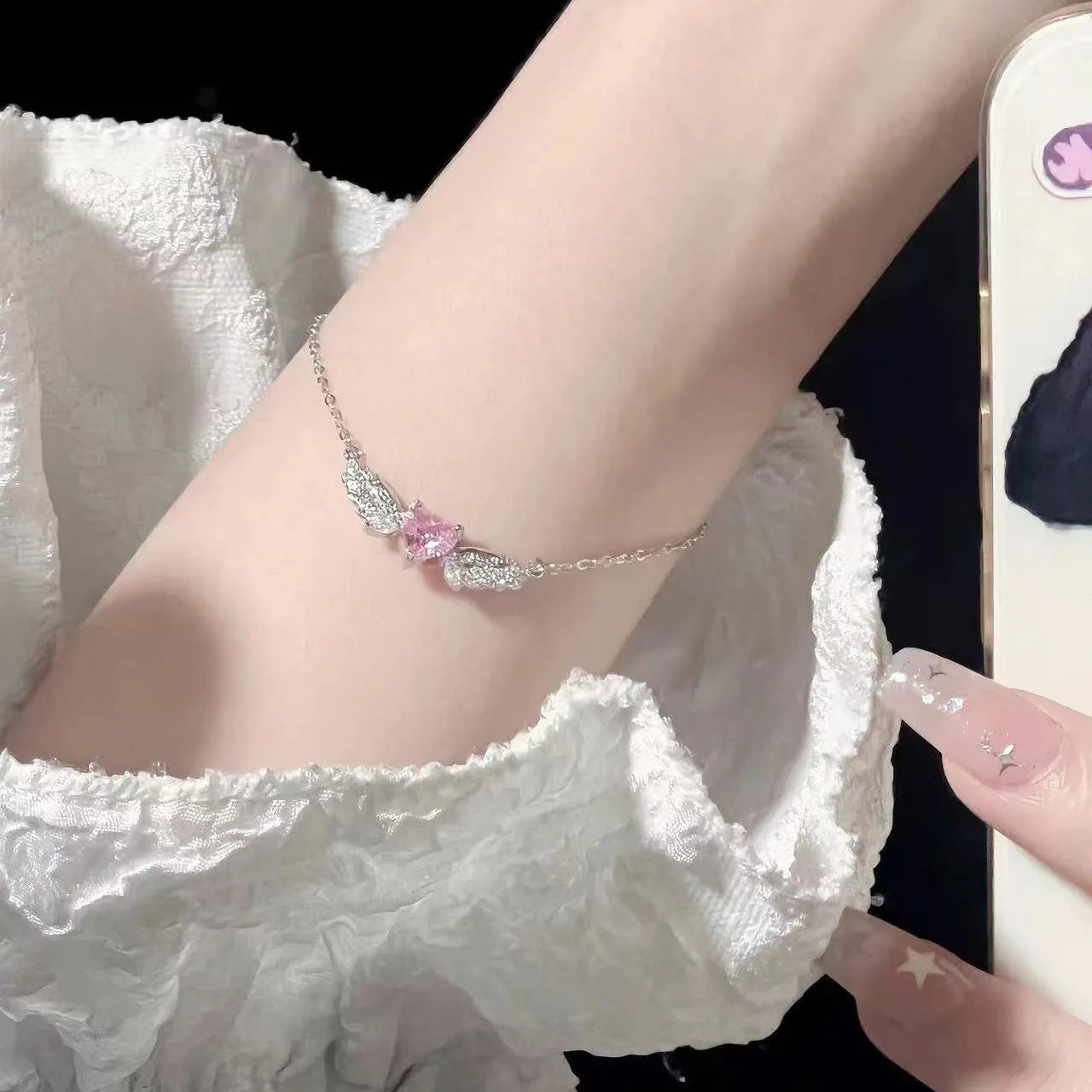 Crystal Angel Wings Pink Heart Pendant Necklaces Y2K Girl Women Heart Clavicle Chain Choker Fashion Jewelry Gifts