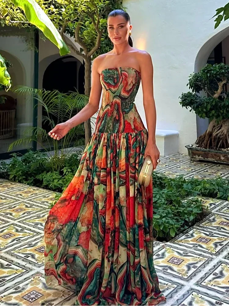 Pleated Waist Strapless Dress Women's New Printed Colorful Long Gown Elegant Fashionable Summer Vacation Party Robe 2025