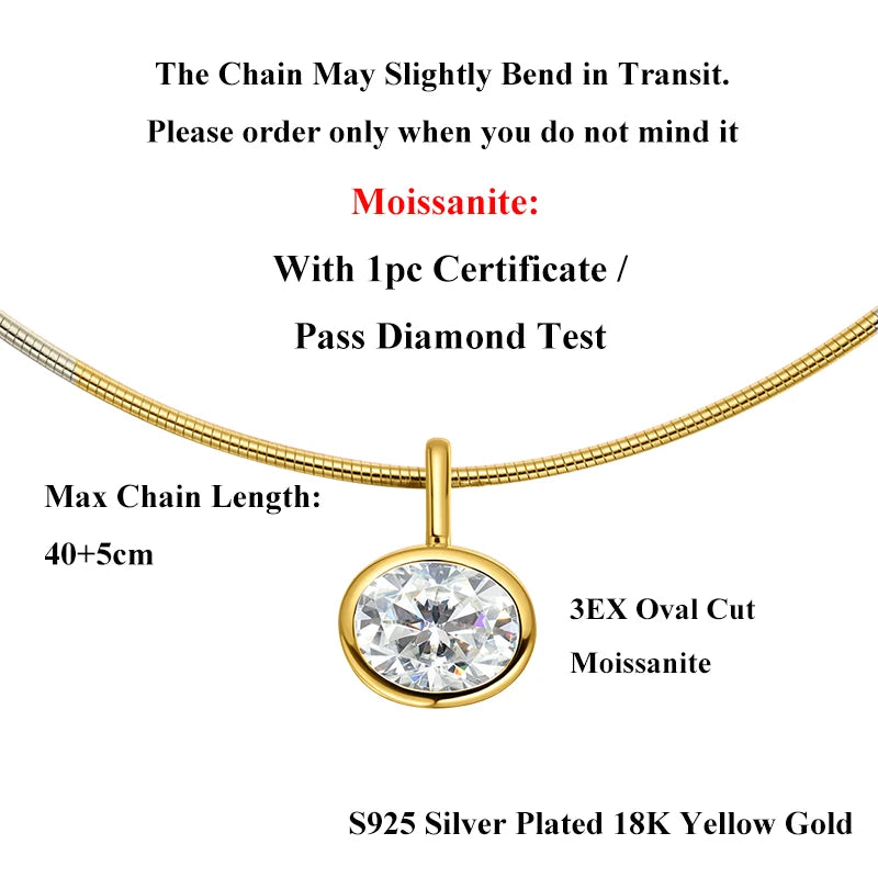 EWYA Oval Cut 2/3/4ct Solitaire Moissanite Pendant Necklaces Women Wedding s925 Silver 1.5mm Solid Choker Big Diamond Neck Chain