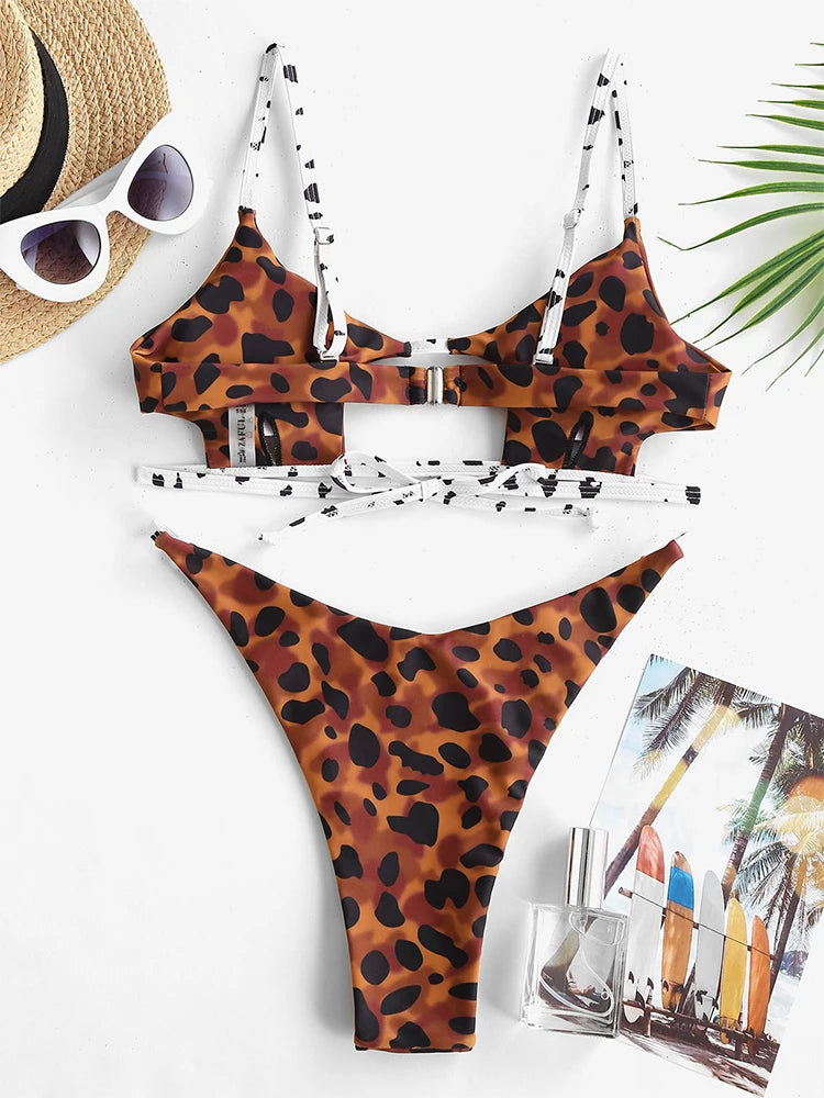 ZAFUL Bikini Swimwear Animal Print Cut Out Strappy High Waist Strapless Sexy Bikini Set Pure Color Women Swimsuit Bathing Suit