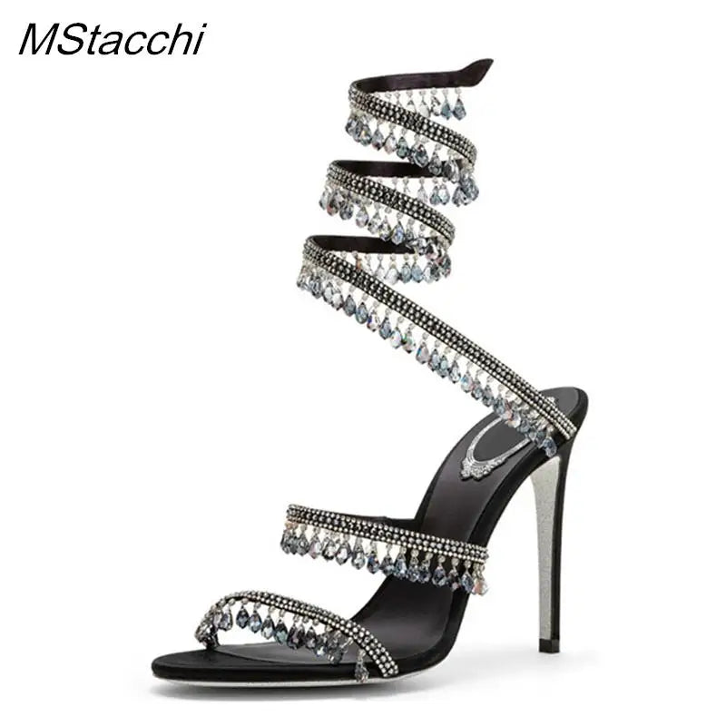 Crystal Wrap Sandals Women Summer 2026 Wedding Shoes High Heel Party Shoes Ankle Strappy Sandals Designer Stiletto Heel Shoes