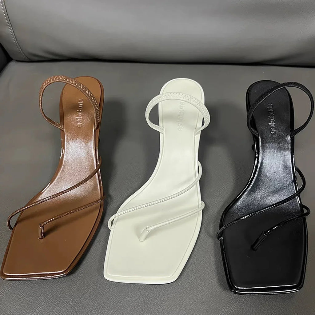 2026 New Genuine Leather Retro Square Toe Pinch Sandals Fashion High Heel Slippers Women Women's Sandals