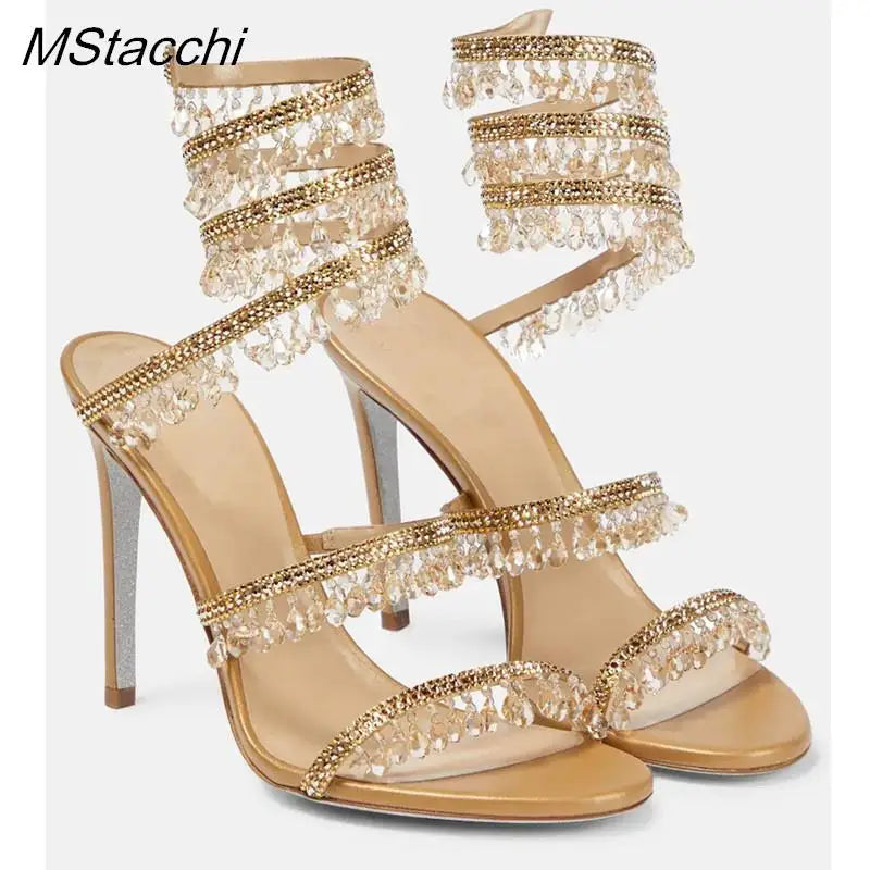 Crystal Wrap Sandals Women Summer 2026 Wedding Shoes High Heel Party Shoes Ankle Strappy Sandals Designer Stiletto Heel Shoes