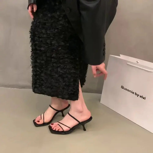 2026 New Genuine Leather Retro Square Toe Pinch Sandals Fashion High Heel Slippers Women Women's Sandals