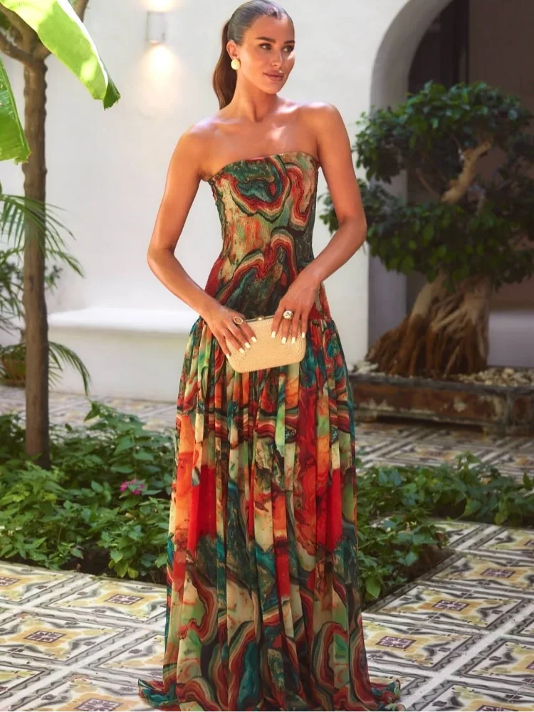 Pleated Waist Strapless Dress Women's New Printed Colorful Long Gown Elegant Fashionable Summer Vacation Party Robe 2025