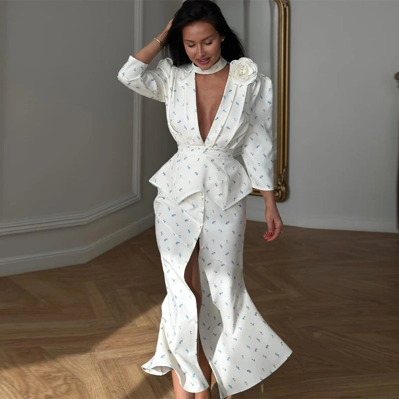 2026 Spring Summer Print Women Dress Sexy 3d Flower Button V-neck Pleated Hip Package Long Sleeve Dresses Party Lady Robe New