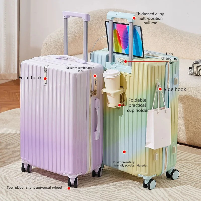 20/22/24 Inch Gradient Color Luggage Boarding Trolley Suitcase Safety Combination Lock Front Hook Silent Universal Roller