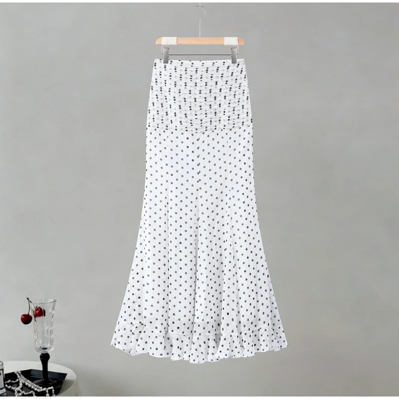 Polka Dot Women ‘s Skirt Elegant High Waist Ruched Ruffle Hem Mermaid Long Skirt Female  2026 Summer Casual Party Streetwears