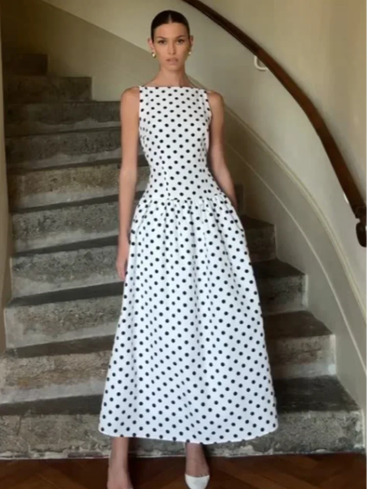 Elegant Solid Polka Dot Pleated Slim Vestido Women Chic Sleeveless Off Shoulder Round Neck Maxi Dresses Summer Dinner Party Wear