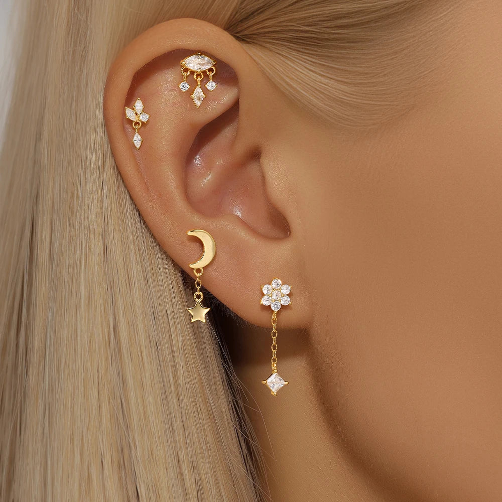 BOAKO Star Moon Chain Tassel  925 Sterling Silver Shiny For Woman Piercing Earring Fashion Dainty Luxury Style fine jewelry
