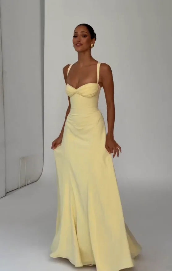 Women Yellow Low Cut Backless High Waisted Dress Lace Up Sleeveless Waist Cincher Spaghetti Strap Vestidos Party Club Women Robe