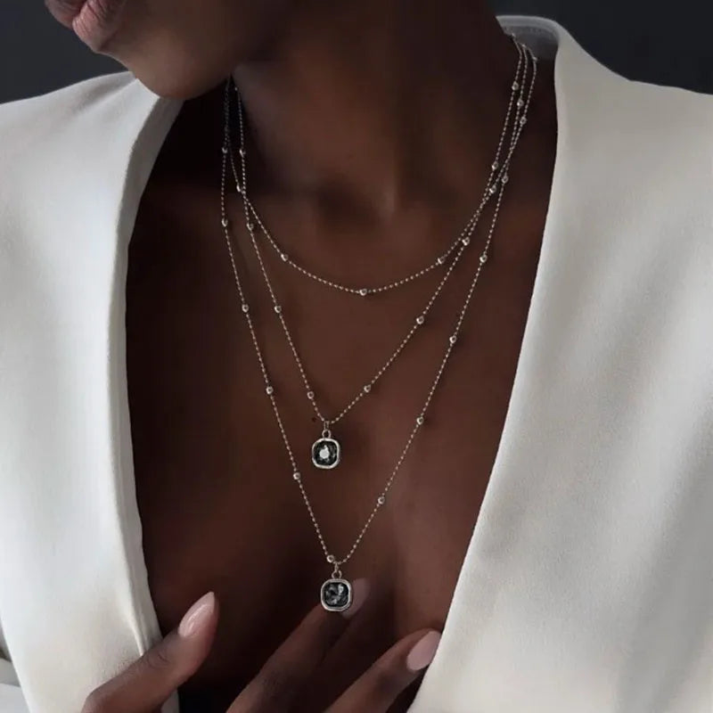 New Acrylic Square Pendant Metal Round Bead Chain Multi-layer Fold Wear Necklace for Women Trendy Personality Jewelry Gifts