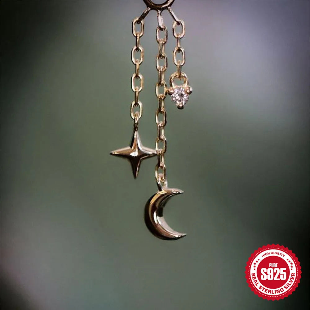 BOAKO Star Moon Chain Tassel  925 Sterling Silver Shiny For Woman Piercing Earring Fashion Dainty Luxury Style fine jewelry