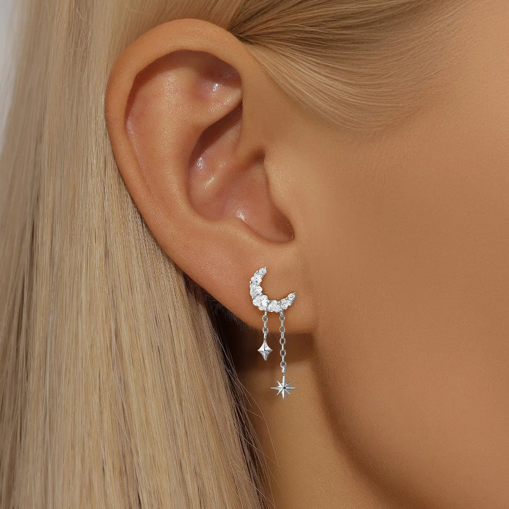 BOAKO Star Moon Chain Tassel  925 Sterling Silver Shiny For Woman Piercing Earring Fashion Dainty Luxury Style fine jewelry
