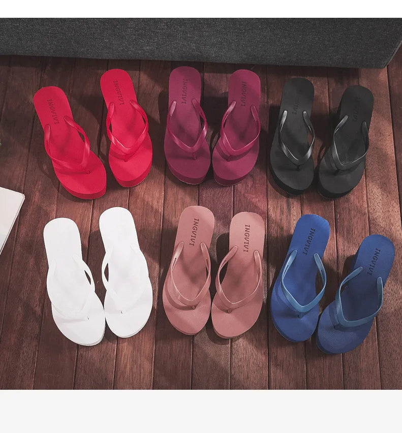 EOFK New Women Flip Flops Wedges Comfort Summer Platform Slippers Outdoor Concise Beach High Heel 9cm Casual Slides