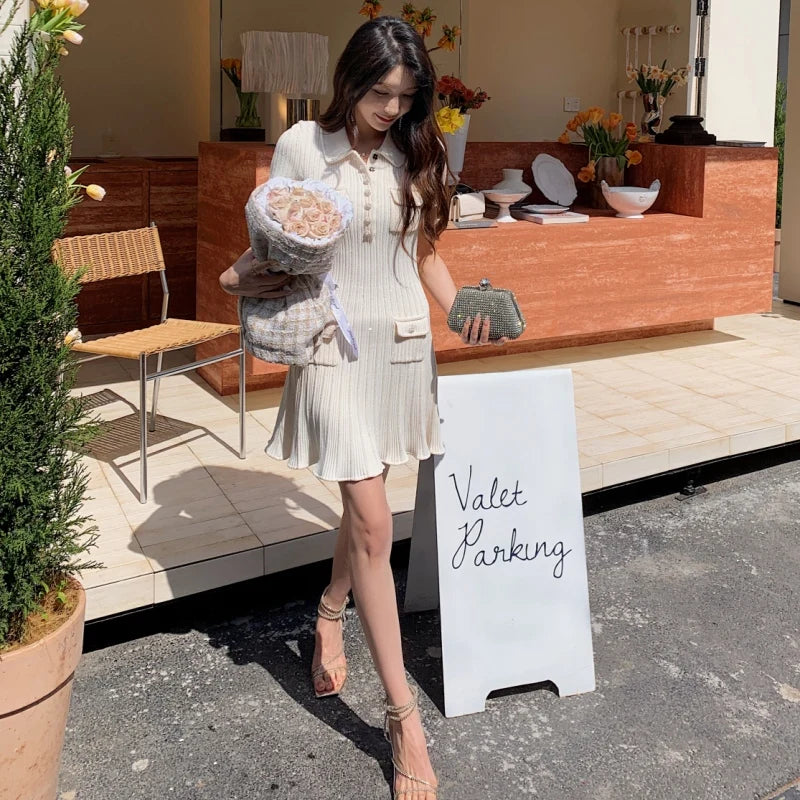 2024 Spring New Arrive Knitted Women Sequins Mini Dress Short Sleeve Turn Down Collor Ruffles Hem Lady Dress