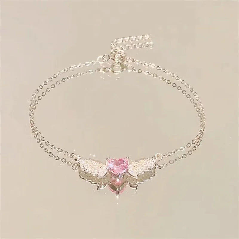Crystal Angel Wings Pink Heart Pendant Necklaces Y2K Girl Women Heart Clavicle Chain Choker Fashion Jewelry Gifts
