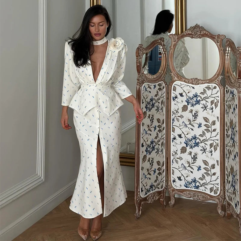 2026 Spring Summer Print Women Dress Sexy 3d Flower Button V-neck Pleated Hip Package Long Sleeve Dresses Party Lady Robe New
