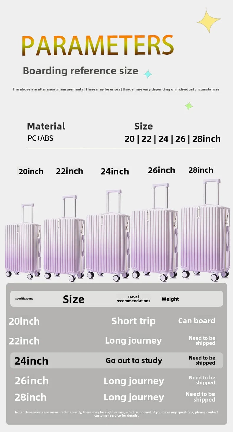 20/22/24 Inch Gradient Color Luggage Boarding Trolley Suitcase Safety Combination Lock Front Hook Silent Universal Roller