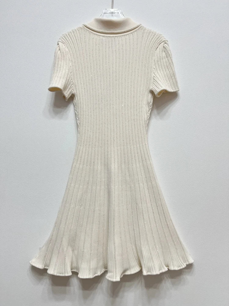 2024 Spring New Arrive Knitted Women Sequins Mini Dress Short Sleeve Turn Down Collor Ruffles Hem Lady Dress