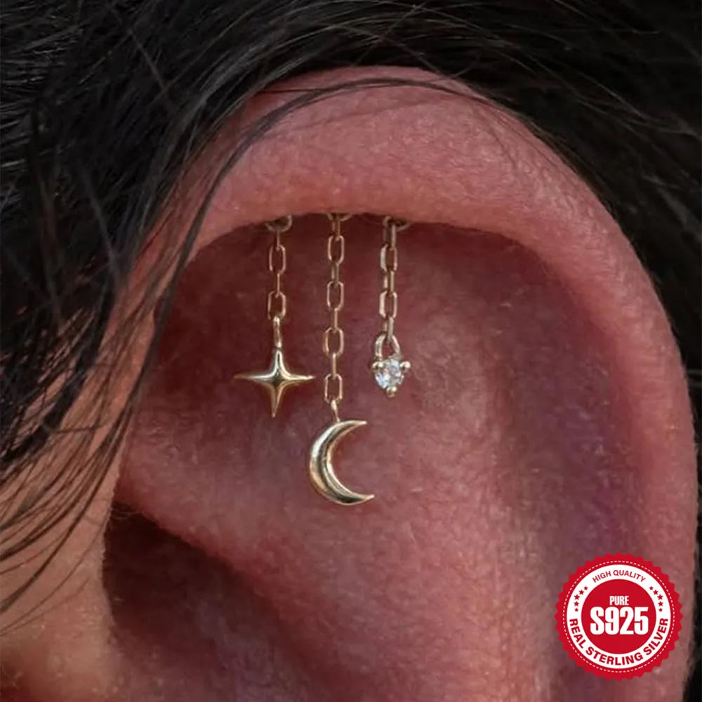 BOAKO Star Moon Chain Tassel  925 Sterling Silver Shiny For Woman Piercing Earring Fashion Dainty Luxury Style fine jewelry
