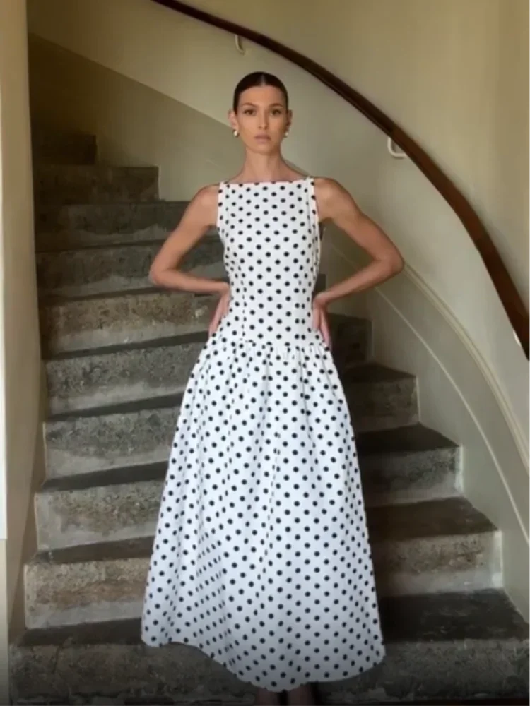 Elegant Solid Polka Dot Pleated Slim Vestido Women Chic Sleeveless Off Shoulder Round Neck Maxi Dresses Summer Dinner Party Wear