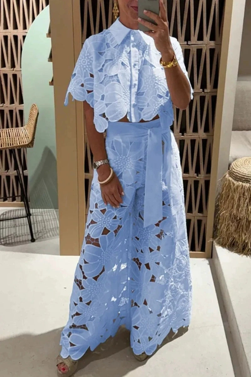 Women Set Short Sleeved Blouse Tops + Tie-up Pants Two Peics set Lace Outfit Embroidery 2025 New Retro Hollow Temperament Suit